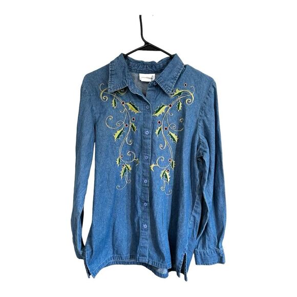 Blair holiday Christmas button down chambray shirt size medium - Picture 1 of 5